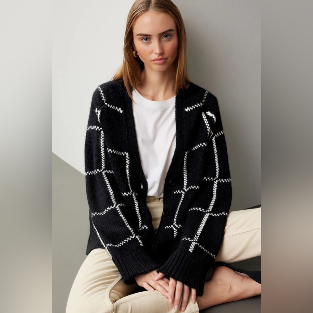 Anine Bing Black & White Windowpane Knit Cardigan